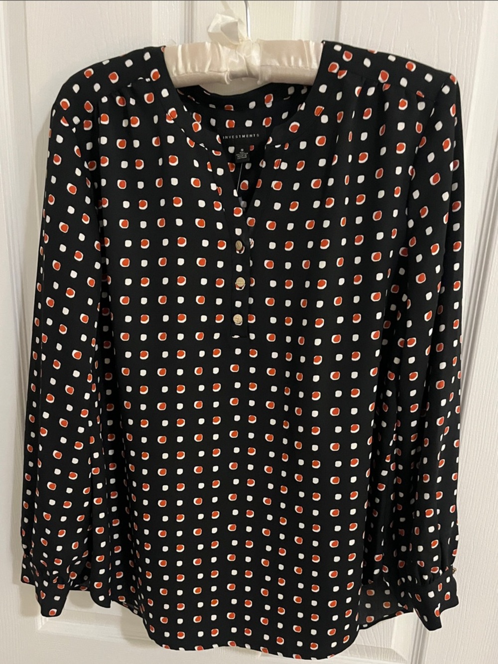 Anne Klein Black Blouse with Red and White Dot Print